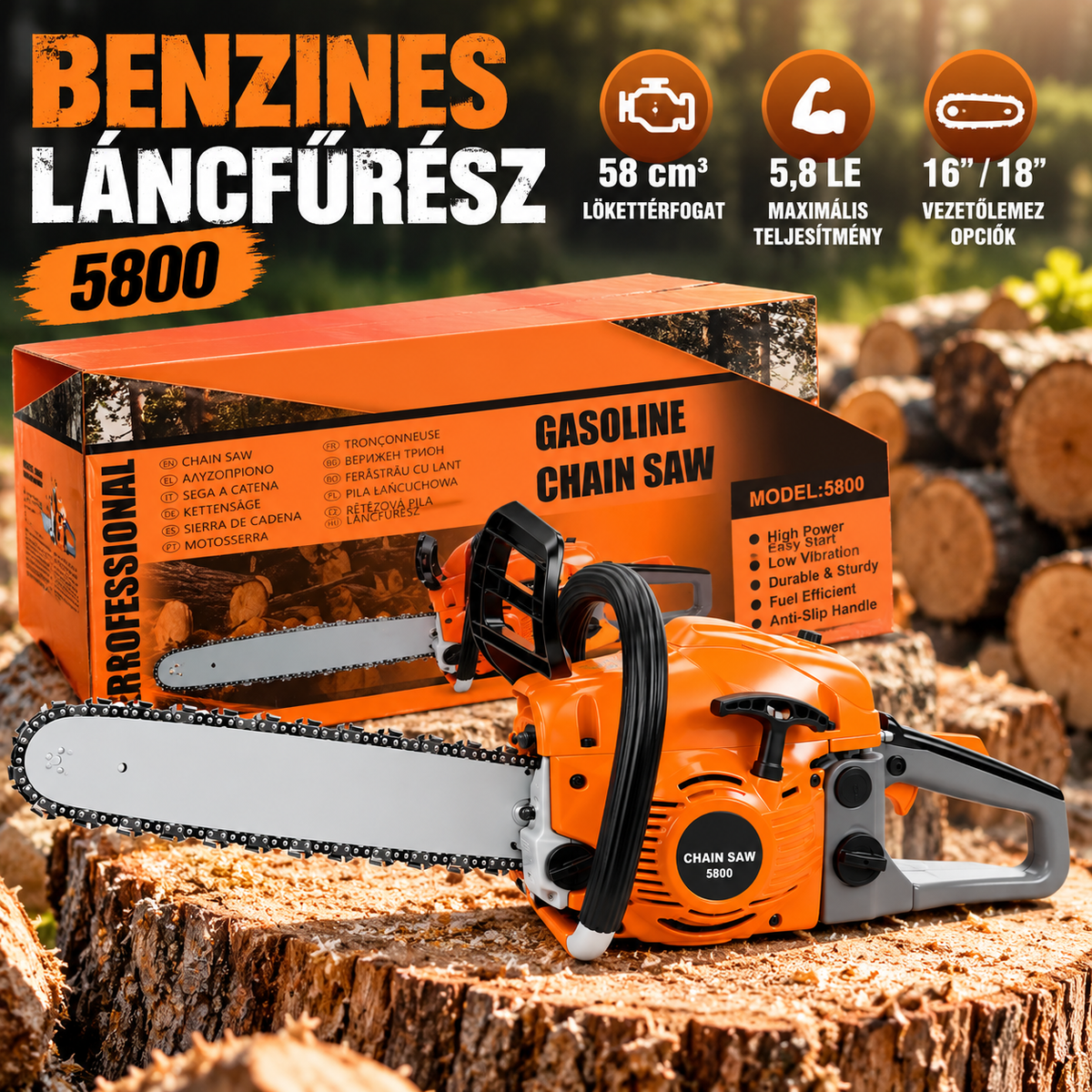 5800 Benzines láncfűrész 58 cm³, 5,8 LE teljesítménnyel – 16" vezetőlemezzel