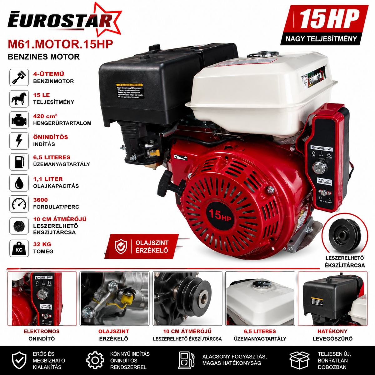 EuroStar M61.Motor.15HP – 15 LE Benzinmotor Önindítóval és Leszerelhető Ékszíjtárcsával