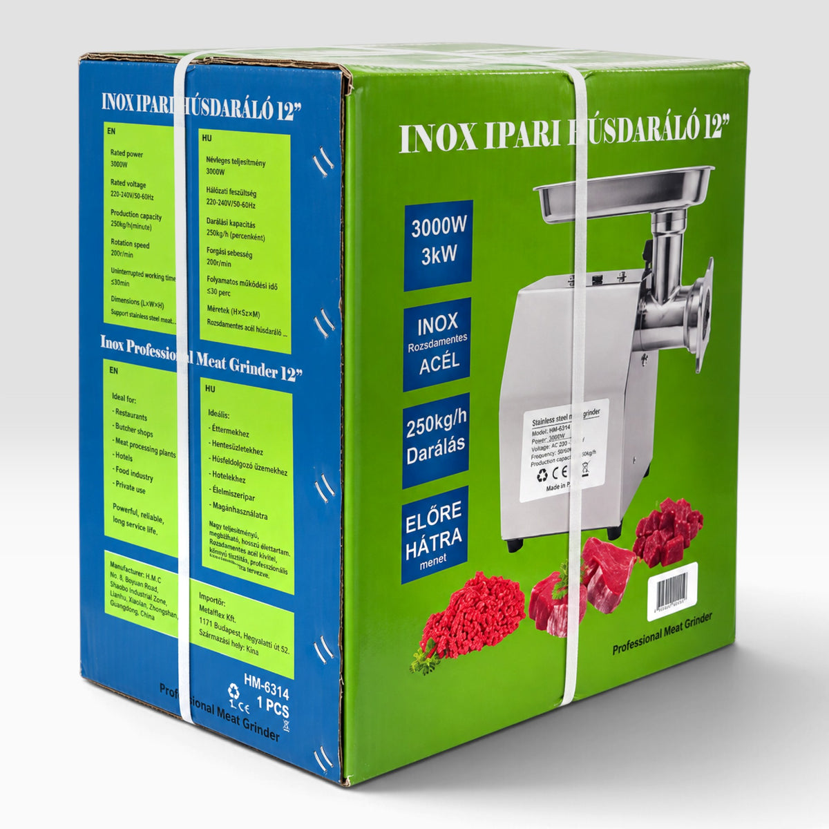 Hitman HM-6314 INOX 12 Ipari Húsdaráló – 3000 W, Réztekercses Motorral