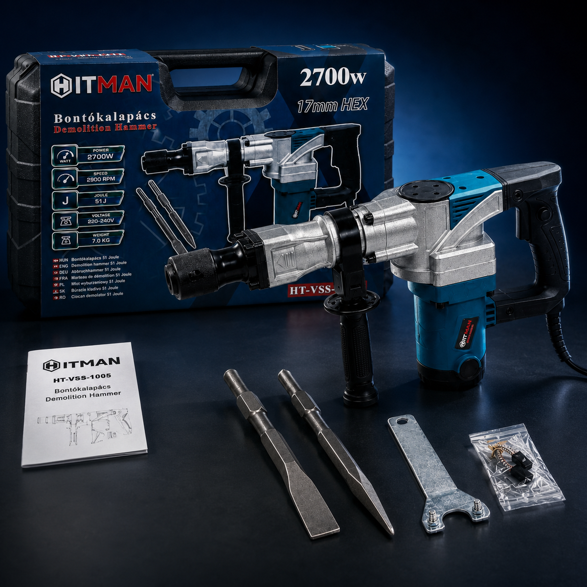 HITMAN HT-VSS-1055 elektromos bontókalapács 2700 W – 51 J, 17 mm HEX