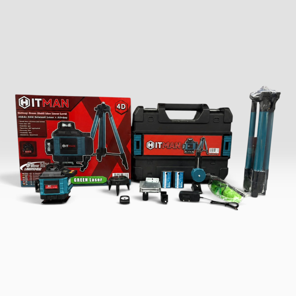 Hitman HT-GLS-2417LS Szintező Lézer 16V Zöld 4D 2 Akkuval Állvánnyal