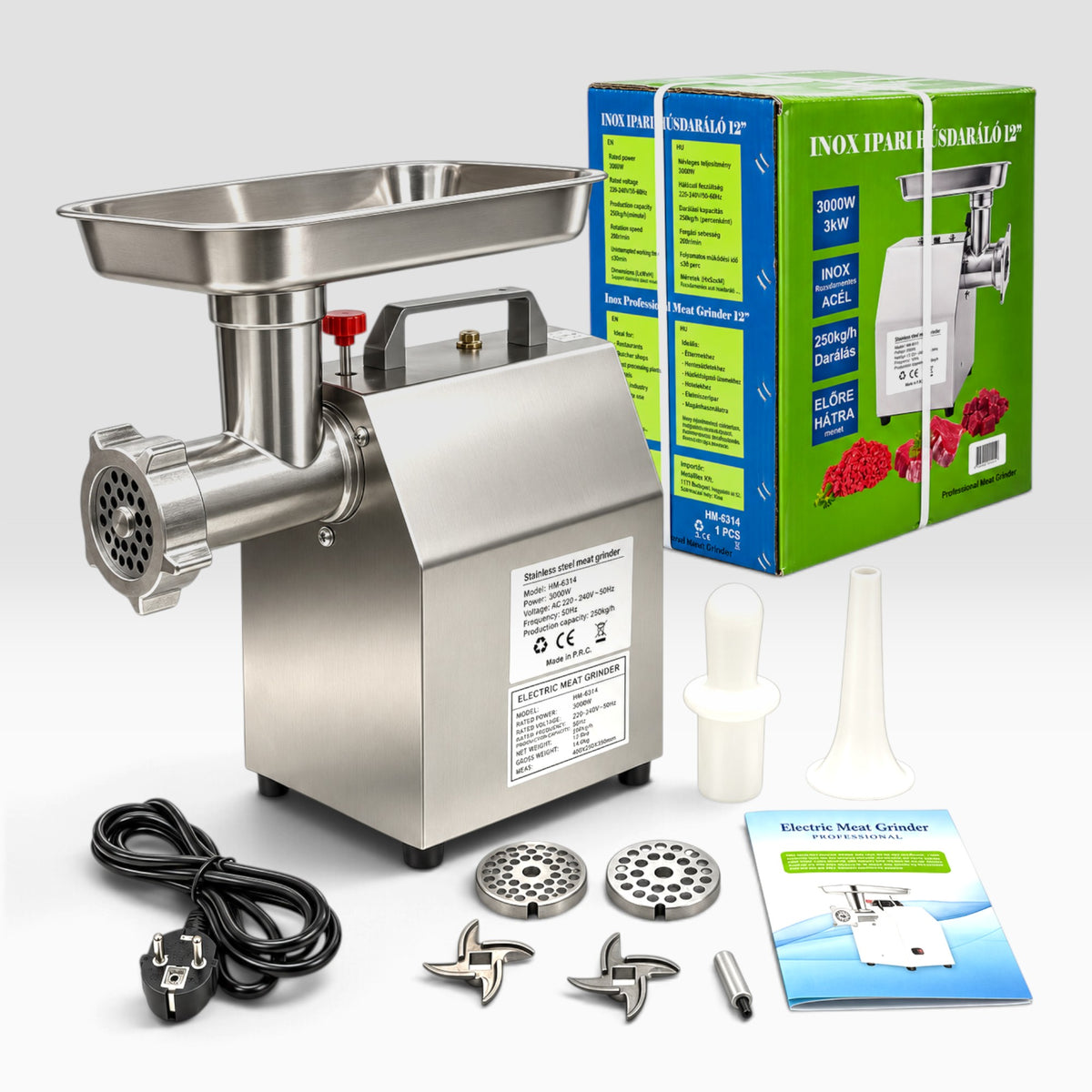 Hitman HM-6314 INOX 12 Ipari Húsdaráló – 3000 W, Réztekercses Motorral