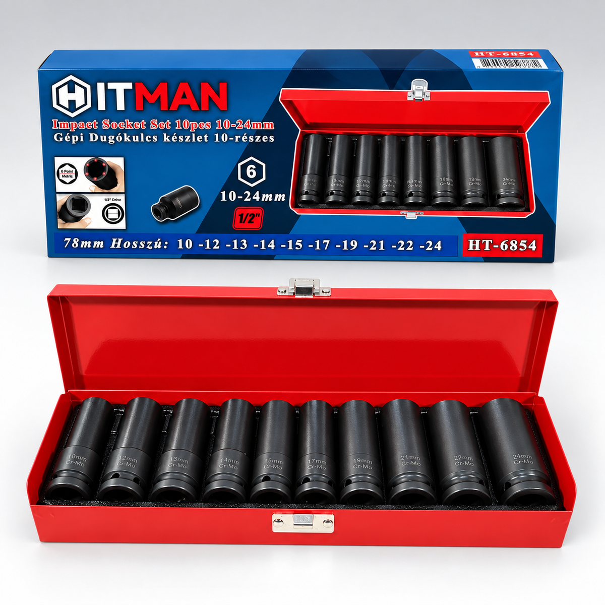 HITMAN HB-6854 10 részes erősített dugókulcs készlet 1/2" – 10–24 mm