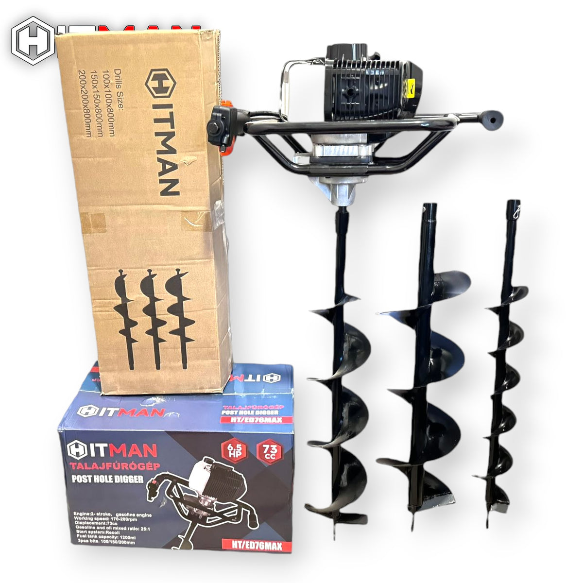 Hitman HT-ED76MAX Benzinmotoros Talajfúrógép 6,5HP – 73cc – 3 fúrószár, 80 cm hossz
