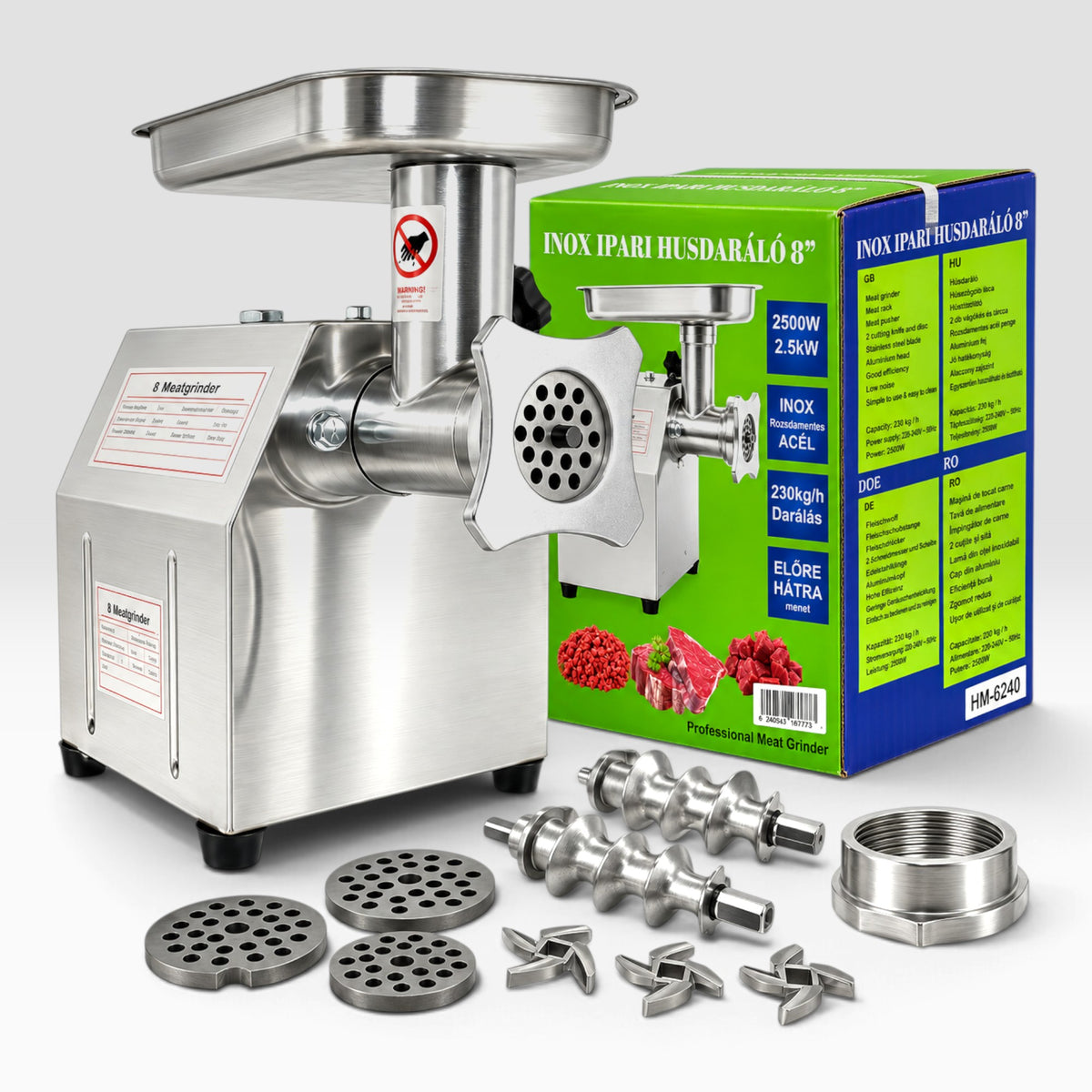 Rozsdamentes acél Inox húsdaráló 8” 2500W HM6240