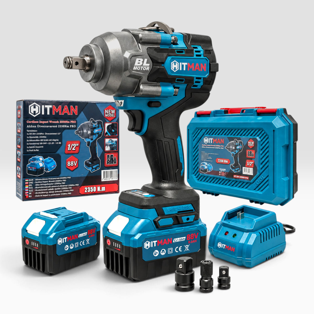 Hitman HT-IWS-2350X.Pro Ütvecsavarozó Kerékkulcs 2350 Nm 88V 2x Nagy Méretű 15 Cellás Akkumulátor