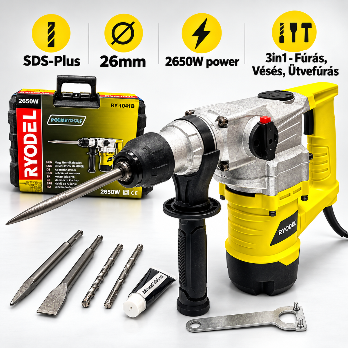 RYODEL RY-1041B SDS-Plus fúrókalapács 2650 W – 26 mm, 3 az 1-ben