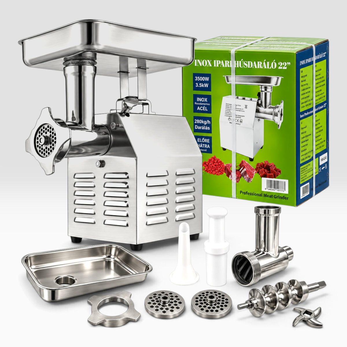 Inox HM-6315 ipari INOX húsdaráló 3500W, 280 kg/h kapacitással, 230V 50Hz gép
