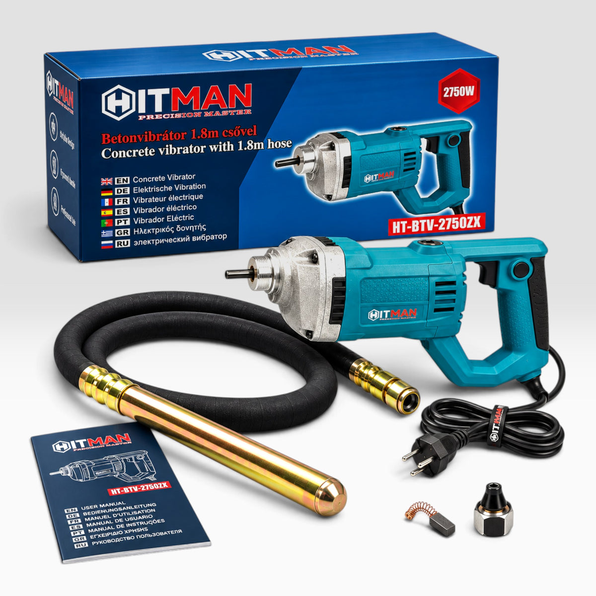 Hitman HT-BTV-2750ZX elektromos betonvibrátor 2750W, 1,8 m csővel, Ø32 mm fej