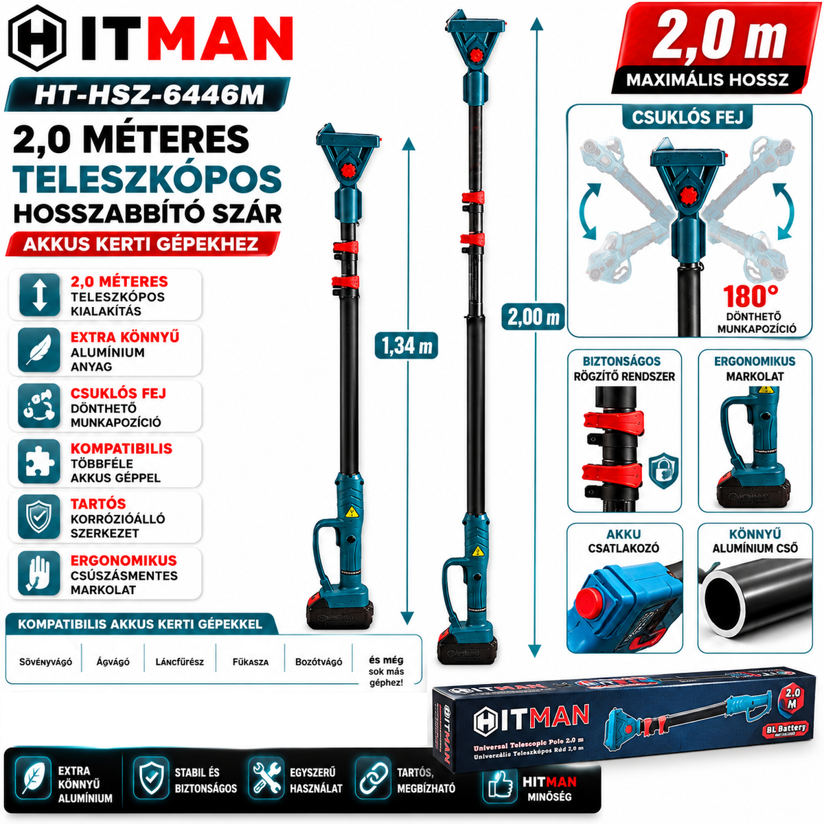 Hitman HT‑HSZ‑6446M 2,0 méteres teleszkópos hosszabbító szár akkús kerti gépekhez