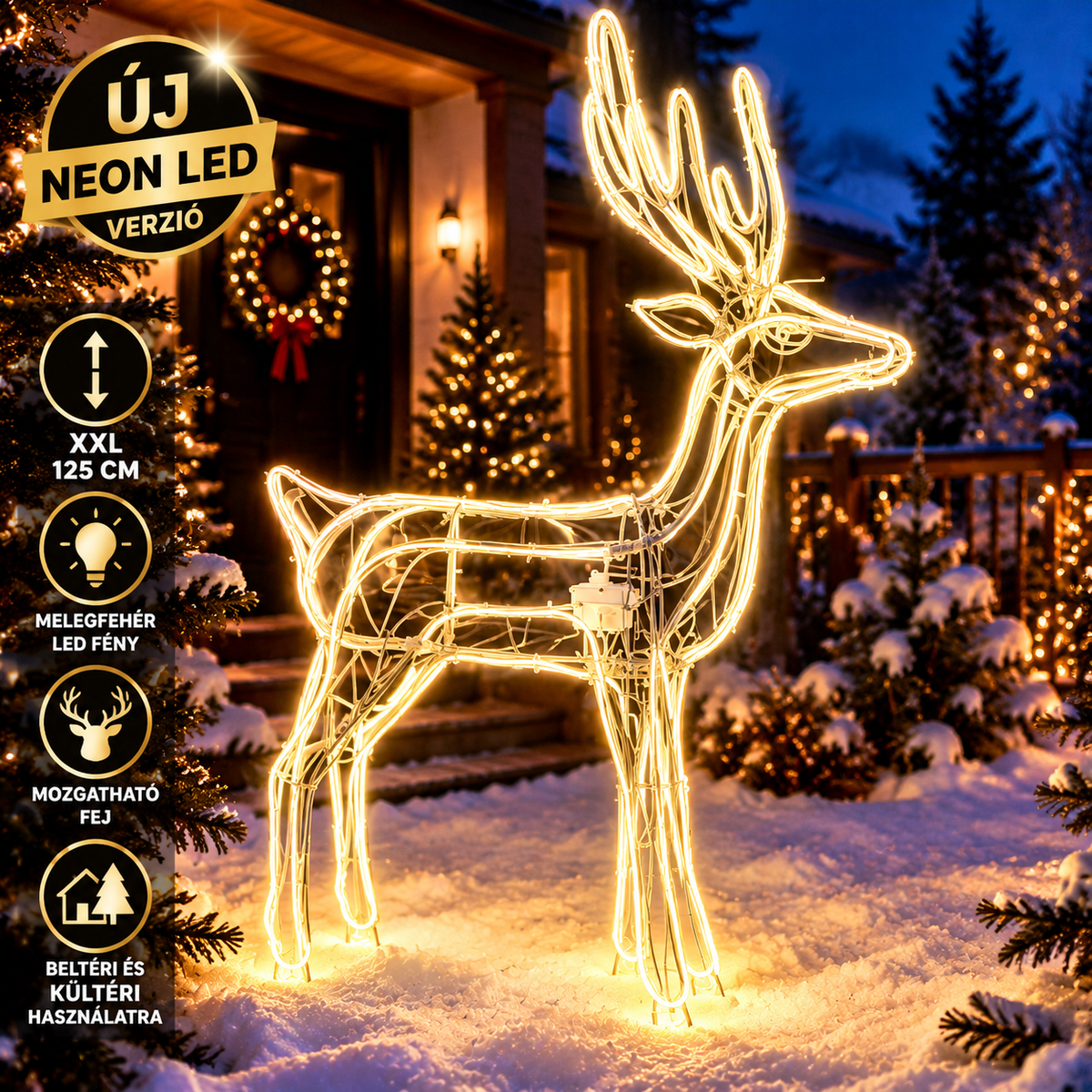 XXL 125 cm Neon LED Rénszarvas – Melegfehér Karácsonyi Dekoráció - Mozgófejű