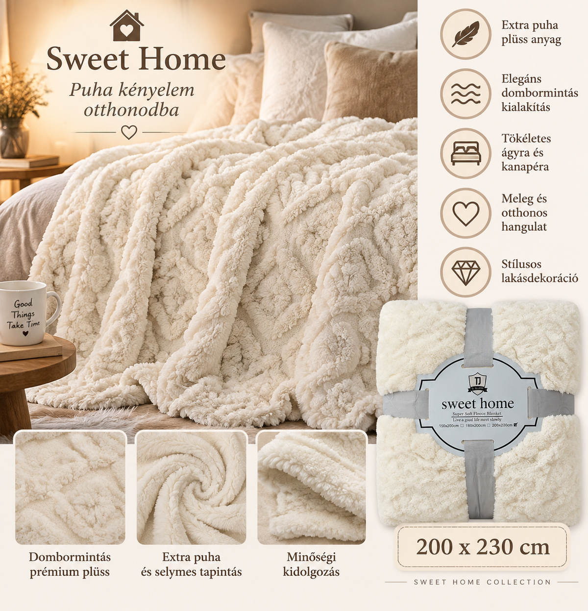 Sweet Home fehér plüss takaró 200×230 cm – Puha dombormintás takaró
