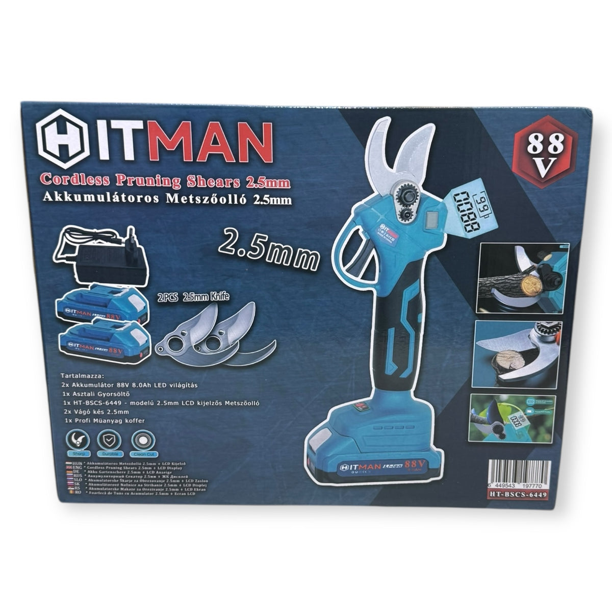 Hitman HT-BSCS-6449 Akkumulátoros Metszőolló 88V LCD Kijelzős 2-Akkús 2-Kés készlet