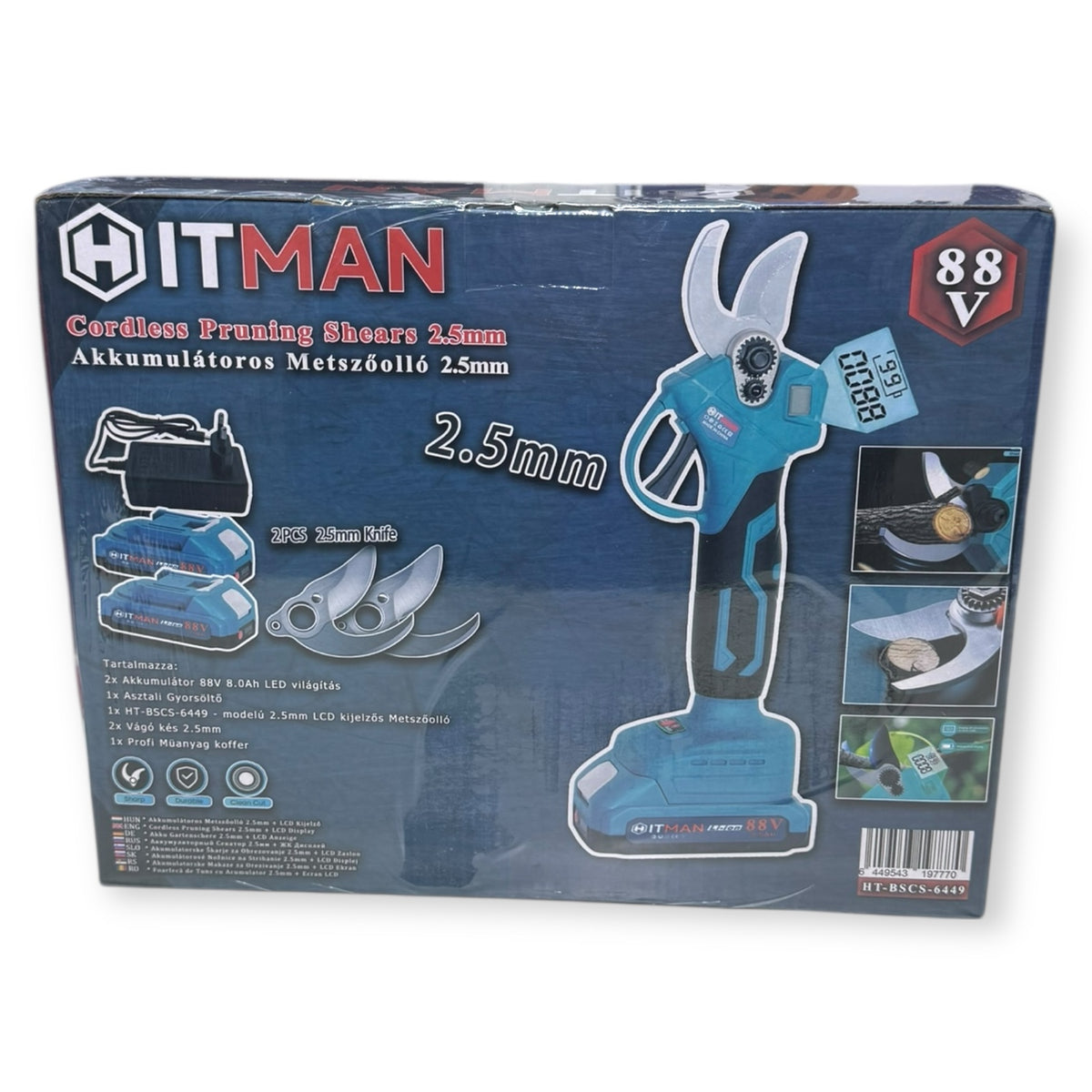 Hitman HT-BSCS-6449 Akkumulátoros Metszőolló 88V LCD Kijelzős 2-Akkús 2-Kés készlet