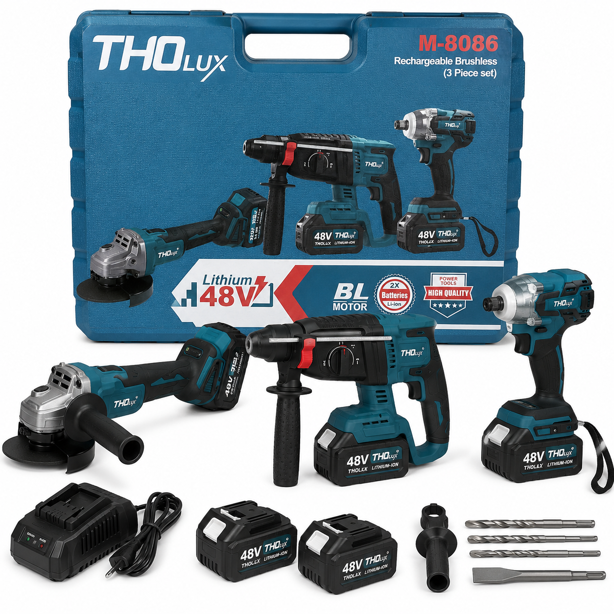 THOLUX M-8086 3 részes akkumulátoros szerszámgép szett, 48 V, 2 akkumulátorral