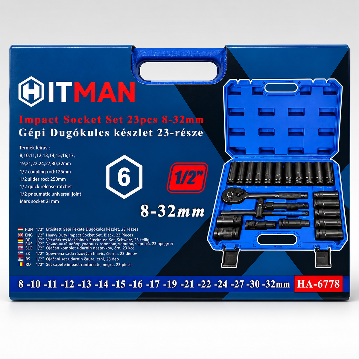 HITMAN HB-6778 20 részes hosszított dugókulcs készlet 1/2" – 8–38 mm