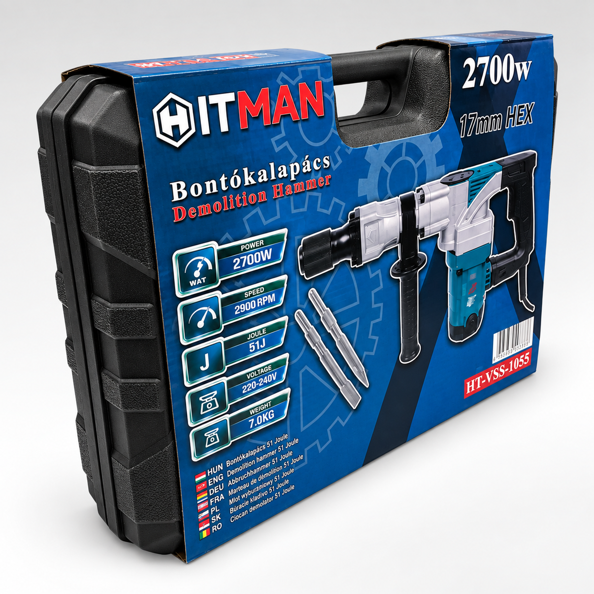 HITMAN HT-VSS-1055 elektromos bontókalapács 2700 W – 51 J, 17 mm HEX