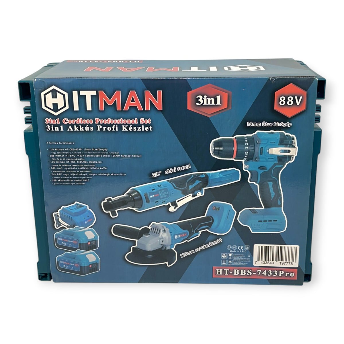 Hitman HT-BBS-7433Pro Professzionális 3 Gépes Akkumulátoros Szerszámkészlet – Sarokcsiszoló, Fúrógép, Oldalracsnis, Koffer