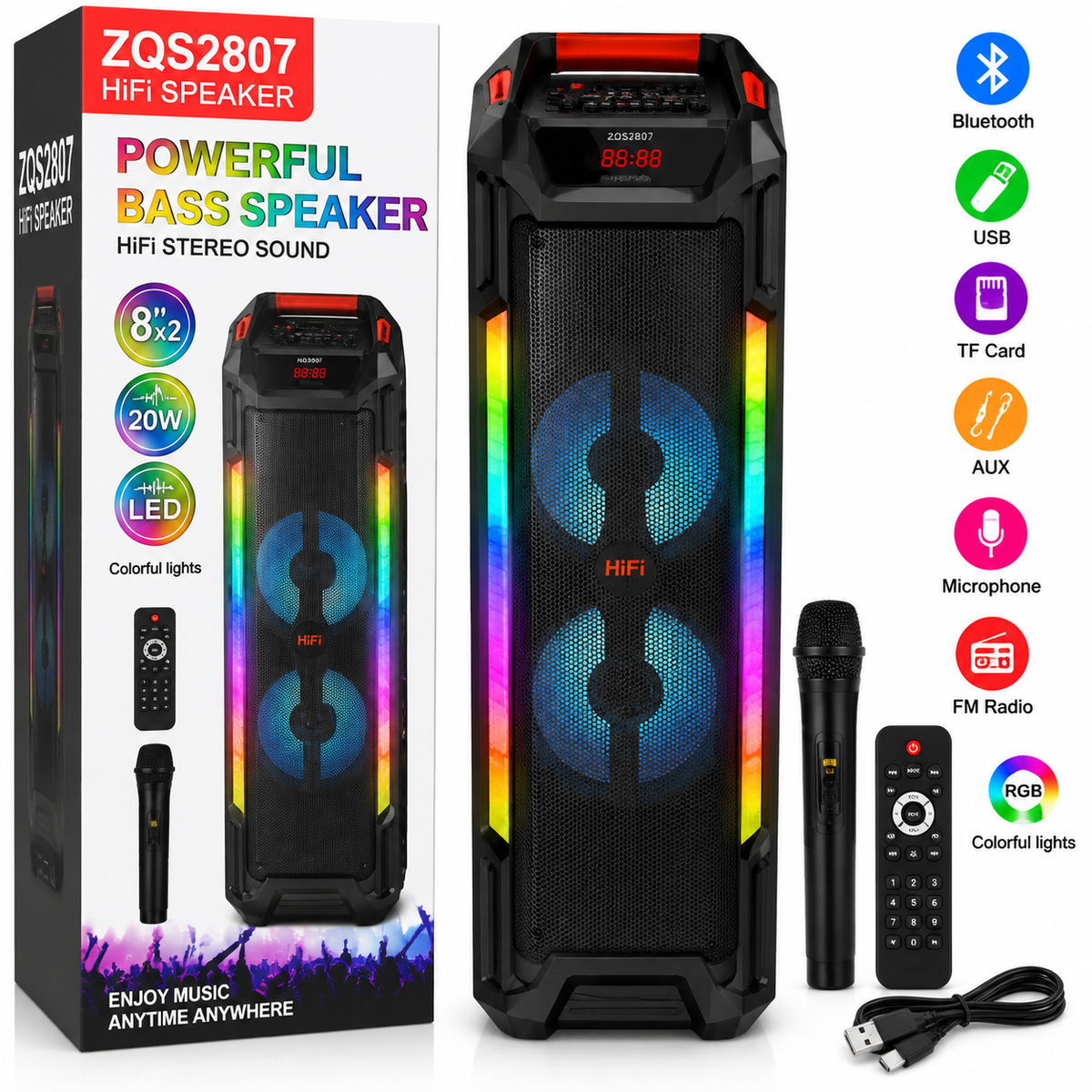 ZQS2807 Bluetooth Party Hangfal RGB LED Fényekkel és Mikrofonnal