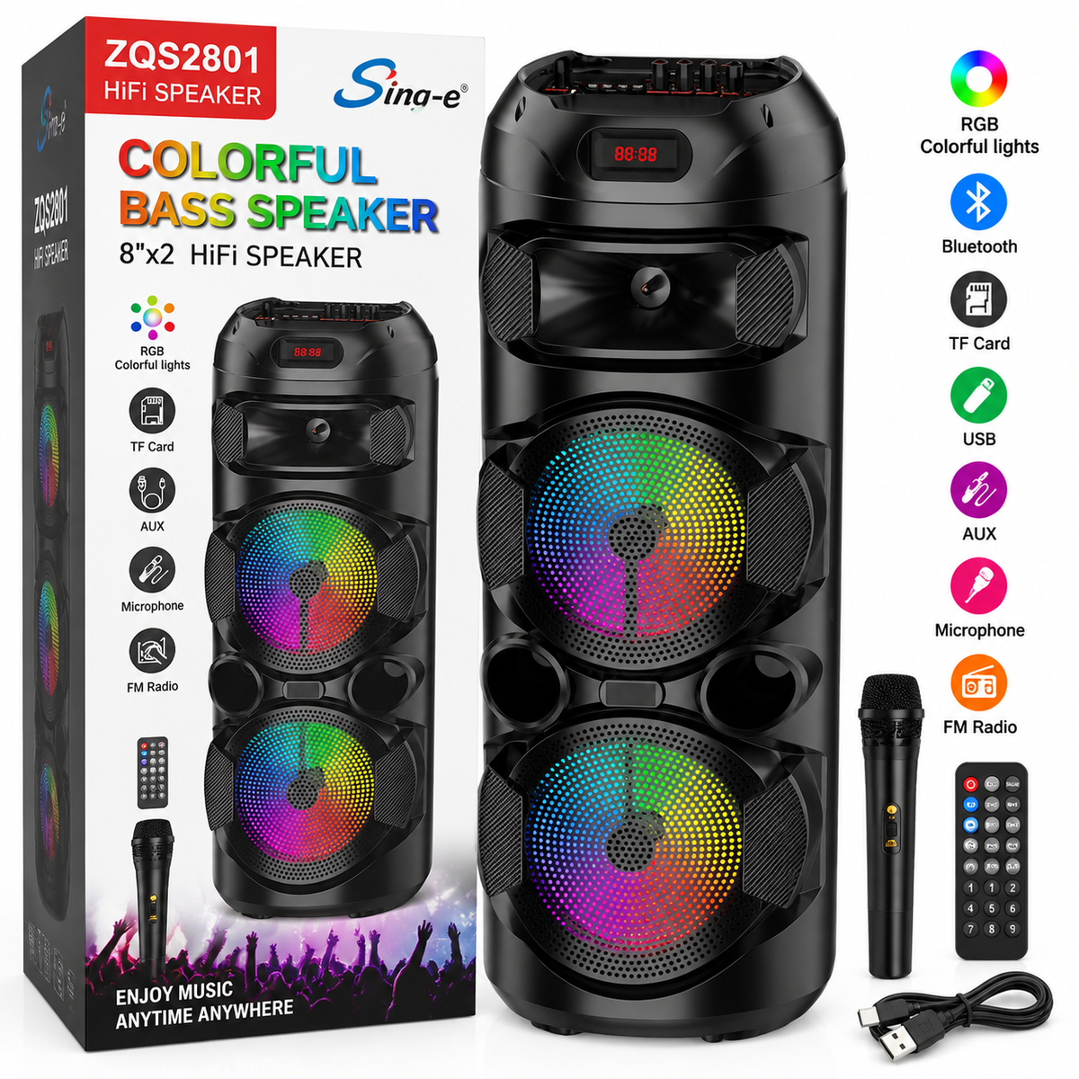 ZQS-2801 HiFi Bass Bluetooth Party Hangszóró RGB LED fényekkel, mikrofonnal