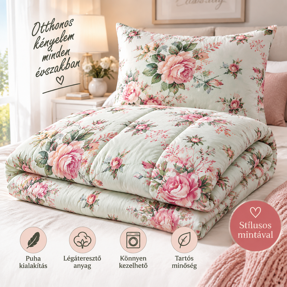 Virágmintás Paplan Szett 140×200 cm + Párna 70×90 cm – Rózsás Mintával