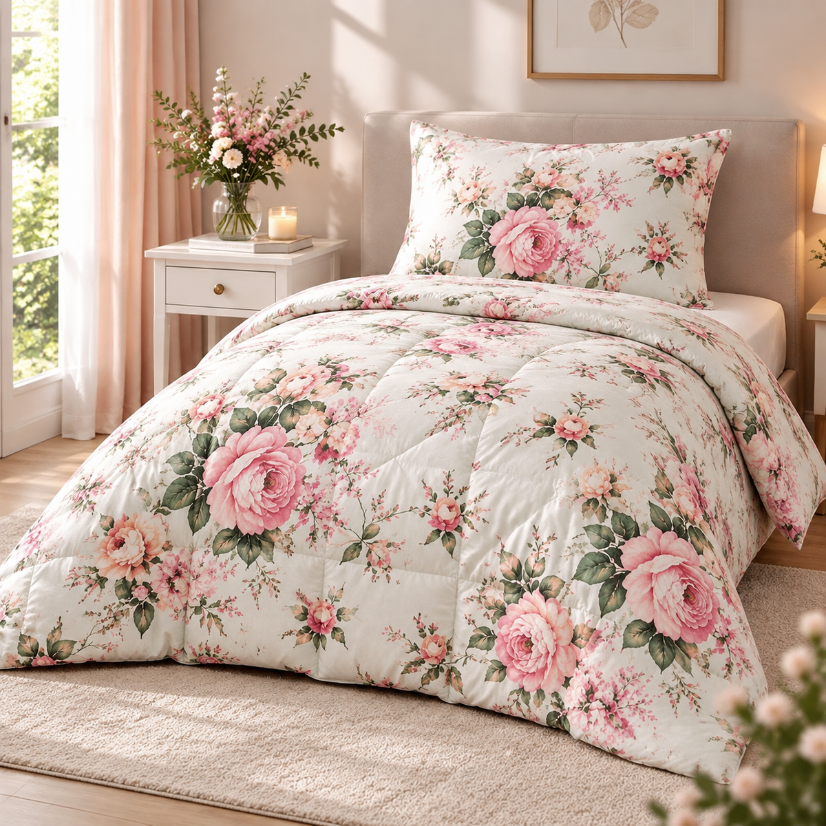 Virágmintás Paplan Szett 140×200 cm + Párna 70×90 cm – Rózsás Mintával