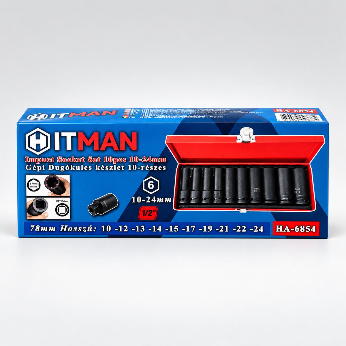 HITMAN HB-6854 10 részes erősített dugókulcs készlet 1/2" – 10–24 mm