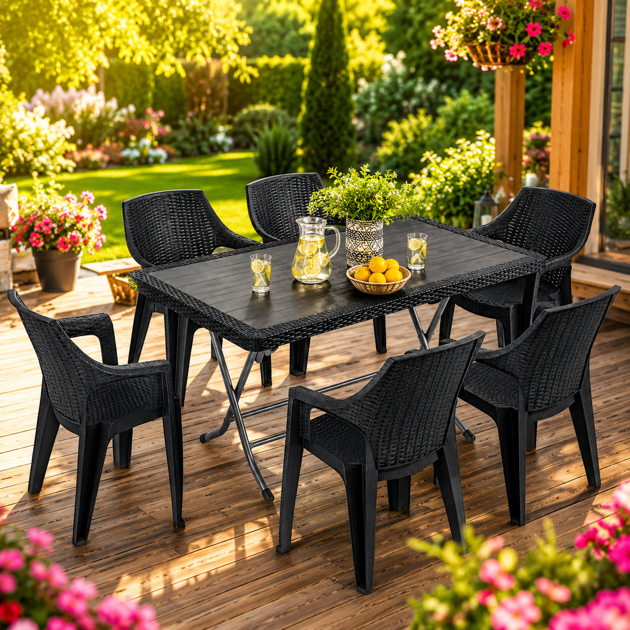 Monaco Graphite Deluxe™ 7 Részes Rattan Kerti Étkezőszett – 6 Székkel
