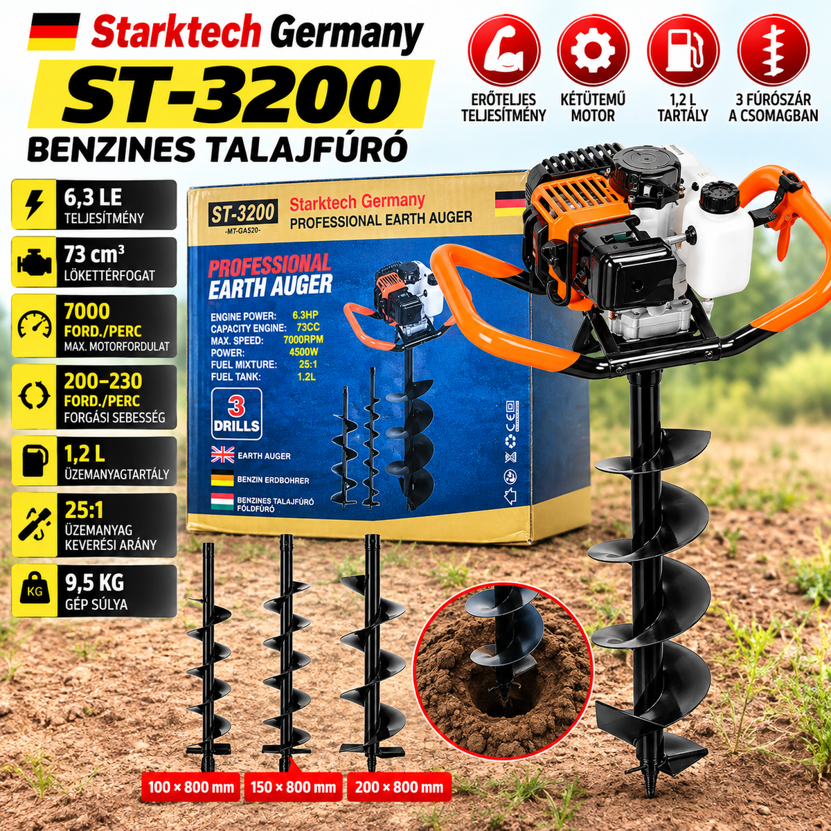 Starktech Germany ST-3200 Benzines Talajfúró 6,3 LE / 73 cm³ – 3 Fúrószárral