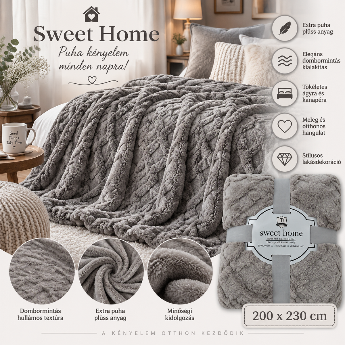 Sweet Home szürke plüss takaró 200×230 cm – Puha dombormintás takaró