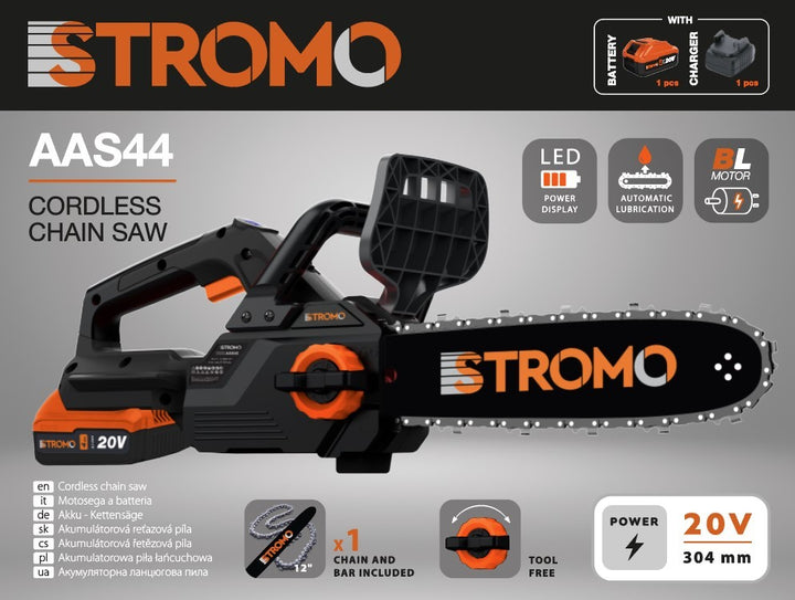 Stromo AAS44 20V akkumulátoros láncfűrész – Brushless motorral, 304 mm-es vezetőlemezzel, akkuval és töltővel