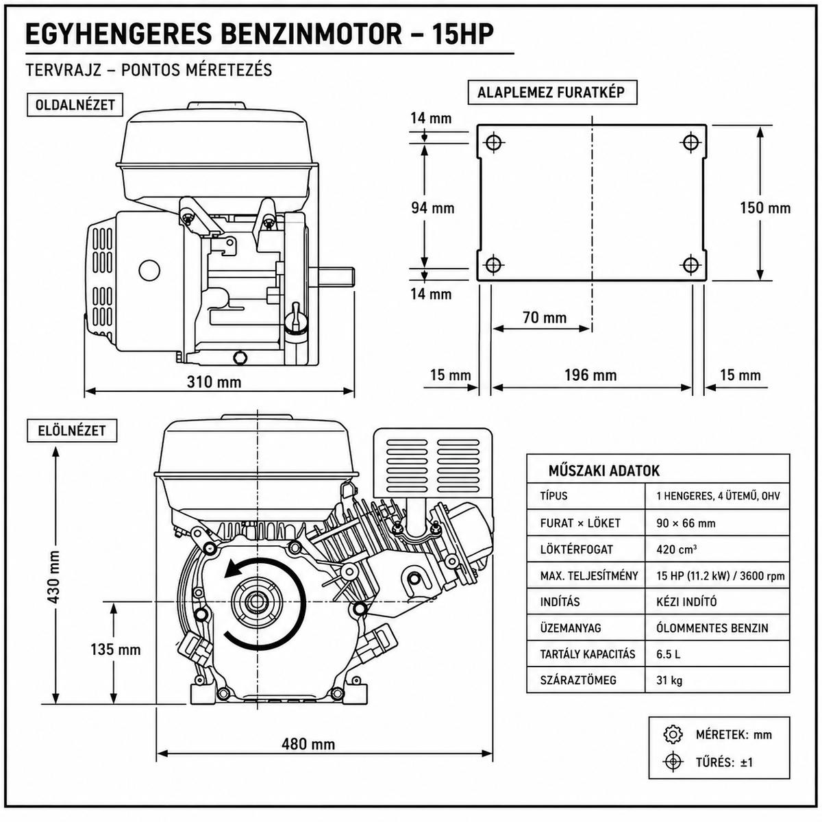 EuroStar M61.Motor.15HP – 15 LE Benzinmotor Önindítóval és Leszerelhető Ékszíjtárcsával