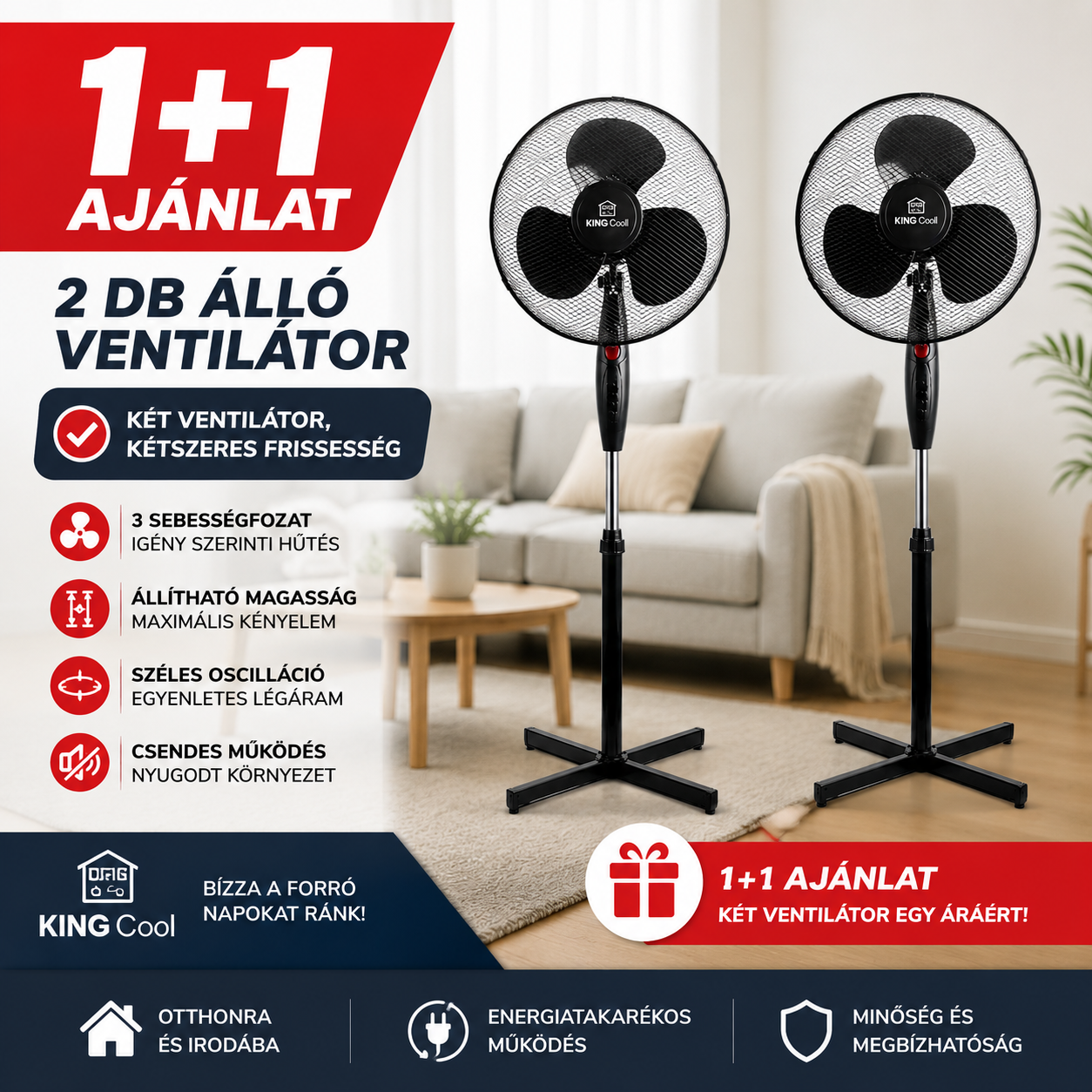 1+1 Kingcool fekete állóventilátor 40 W 40 cm