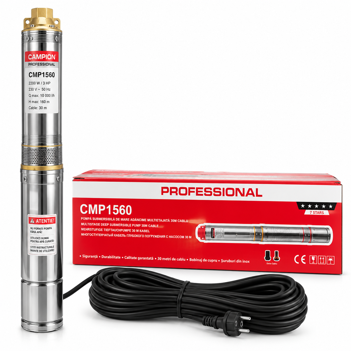 Campion Professional CMP1560 Többfokozatú Mélykúti Búvárszivattyú 2200W – 160 m, 30 m kábellel
