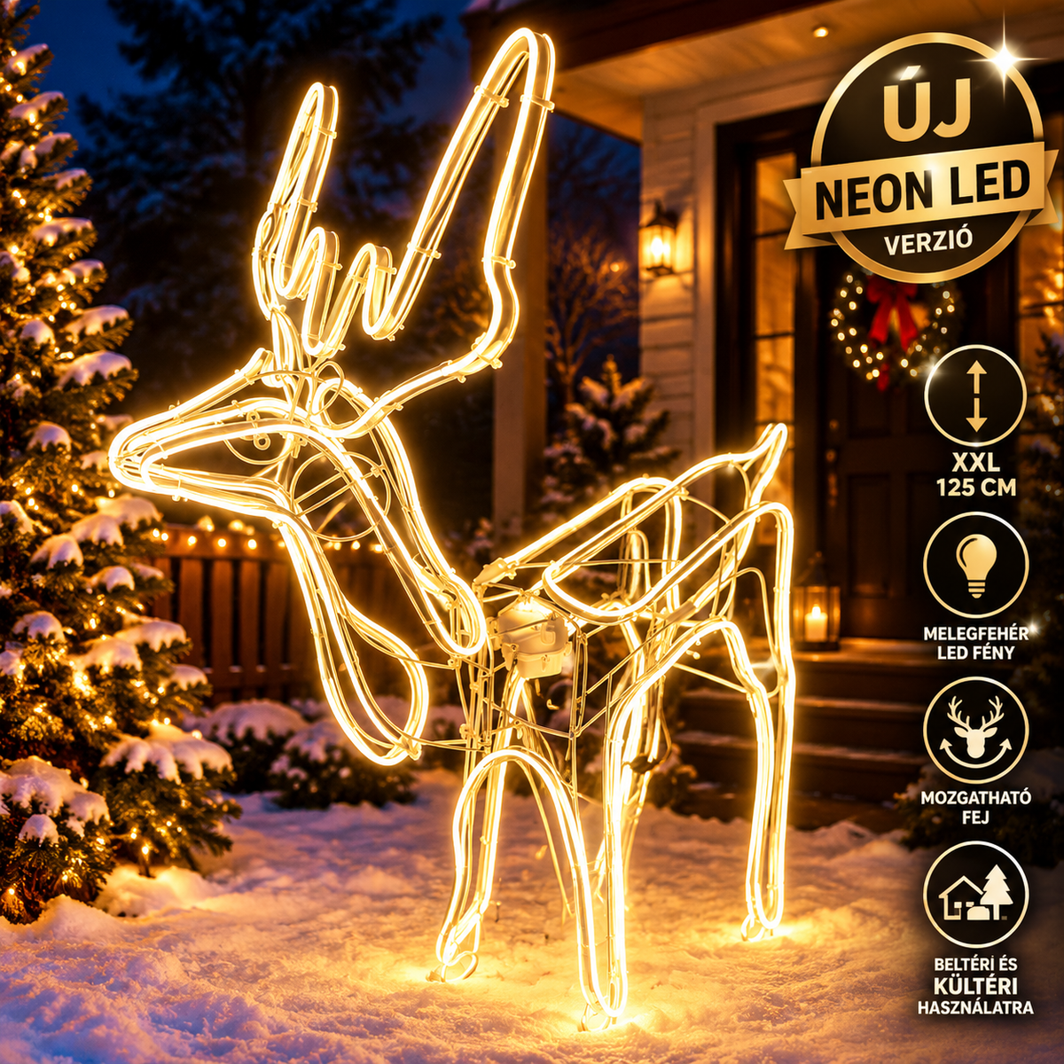 XXL 125 cm Neon LED Rénszarvas – Melegfehér Karácsonyi Dekoráció - Mozgófejű