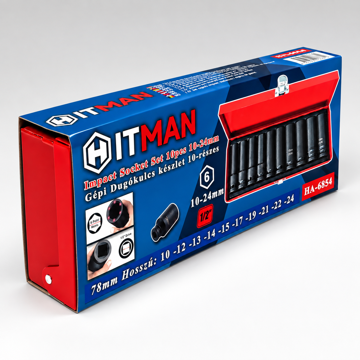 HITMAN HB-6854 10 részes erősített dugókulcs készlet 1/2" – 10–24 mm