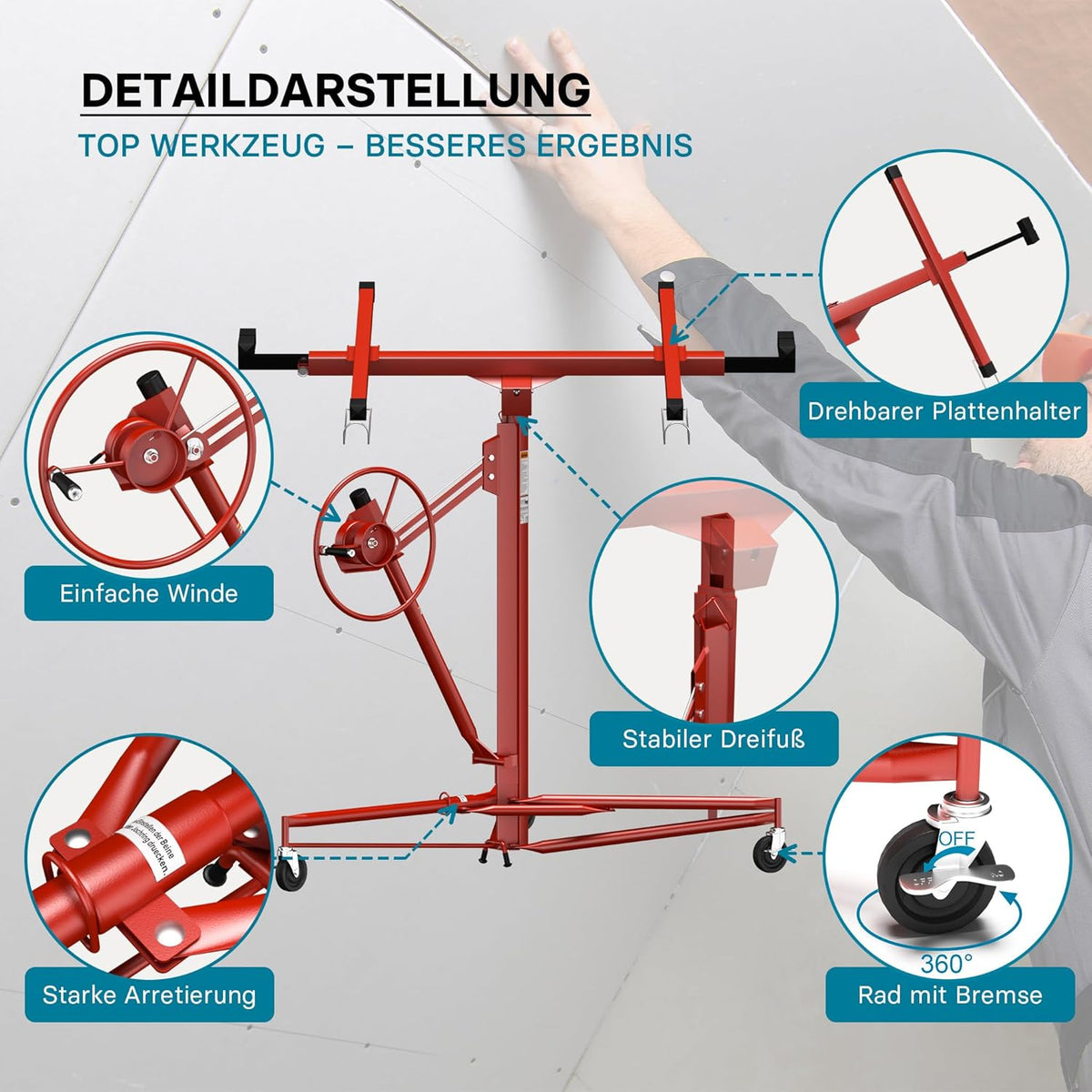 KrafTech HM6764 Gipszkarton- és OSB-lap Emelő – 68 kg Teherbírás, 3,35 m Emelési Magasság