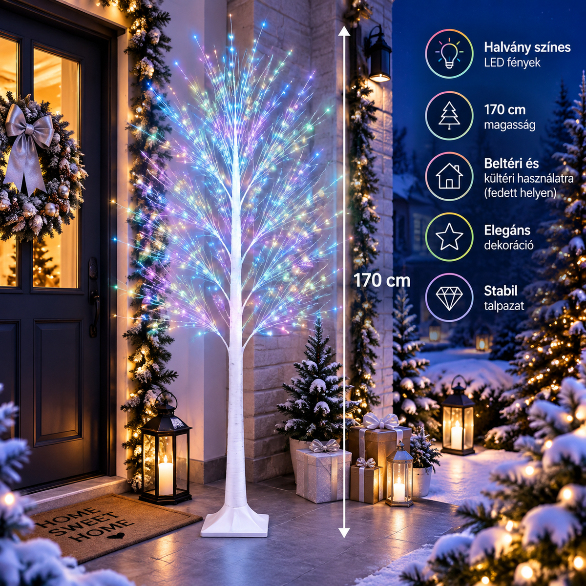 170 cm LED világító díszfa – Halvány színes multicolor karácsonyi dekoráció