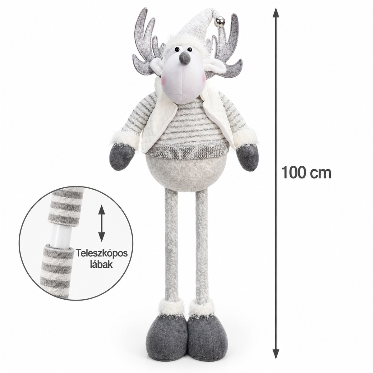 Karácsonyi Rénszarvas Figura – 100 cm, Teleszkópos Lábakkal, Fehér Ünnepi Dekoráció