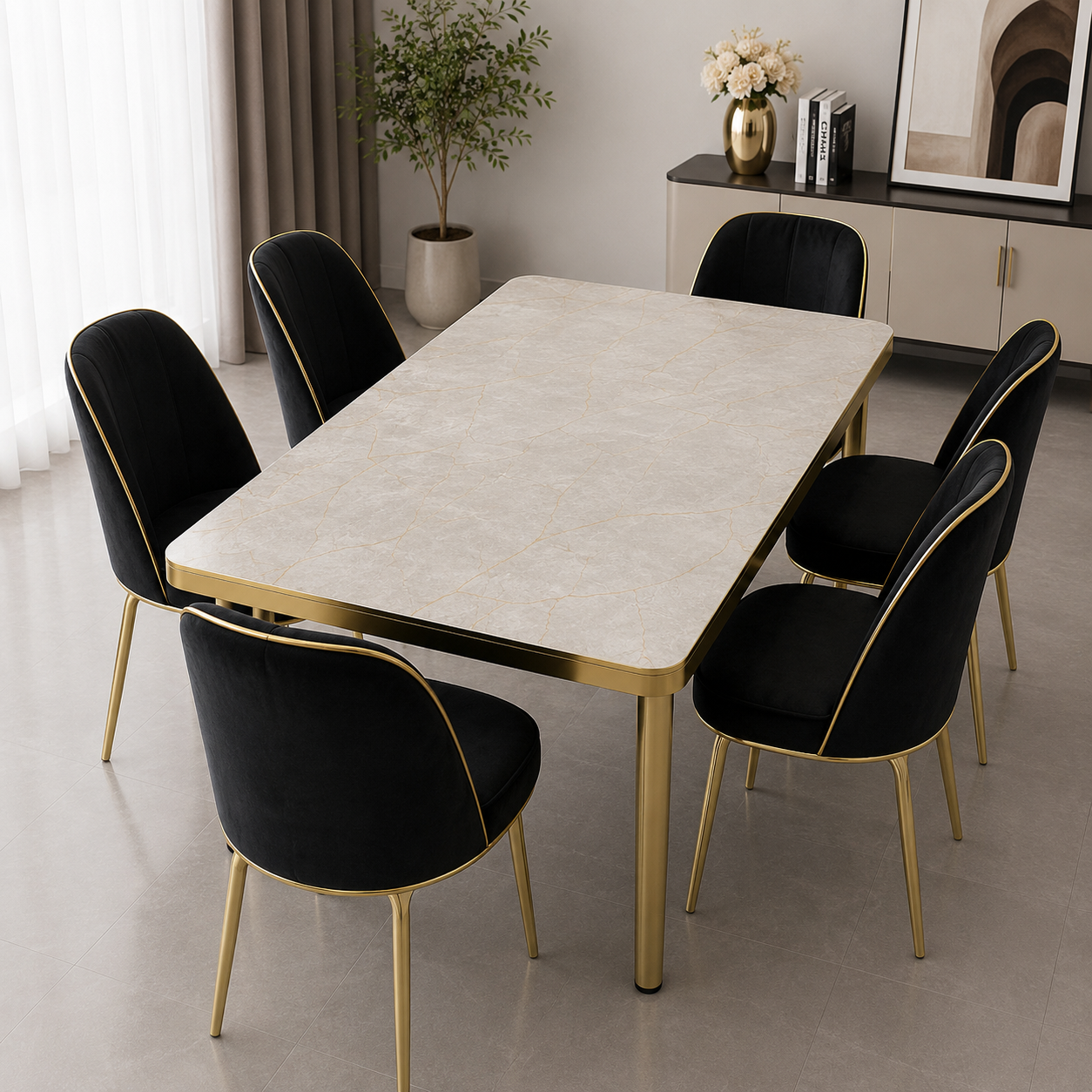 Noir Marble Gold étkező szett márvány hatású asztallal és 6 fekete bársony székkel