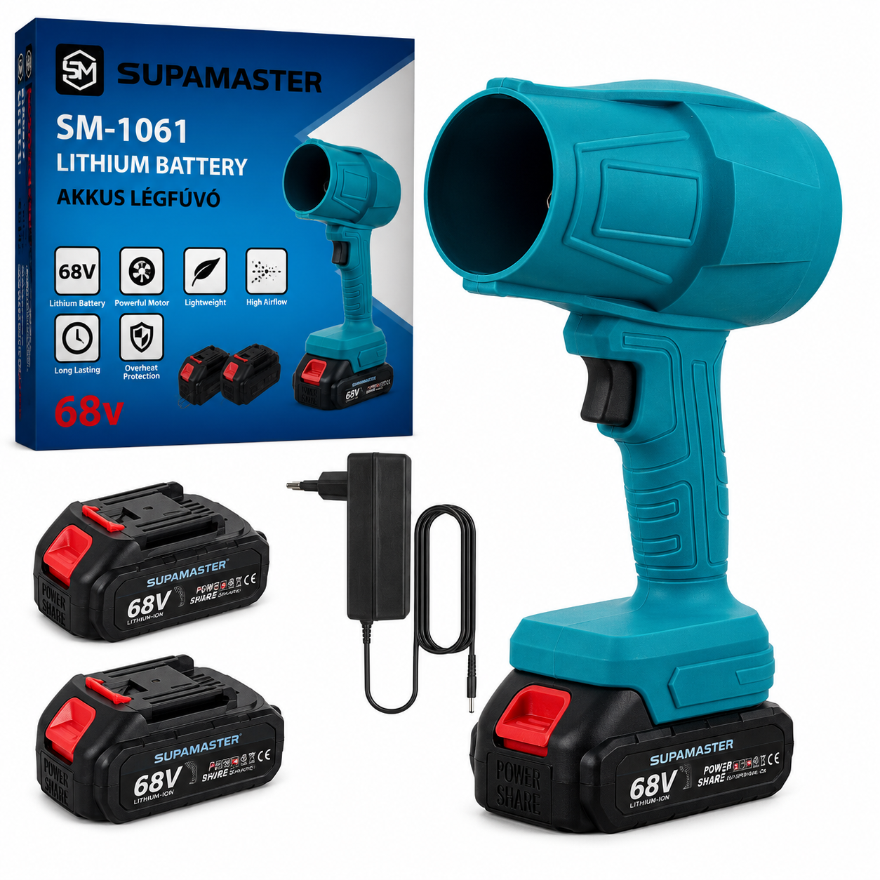 Supamaster SM-1061 akkumulátoros légfúvó – 68 V, akkumulátorral és hordozókofferrel