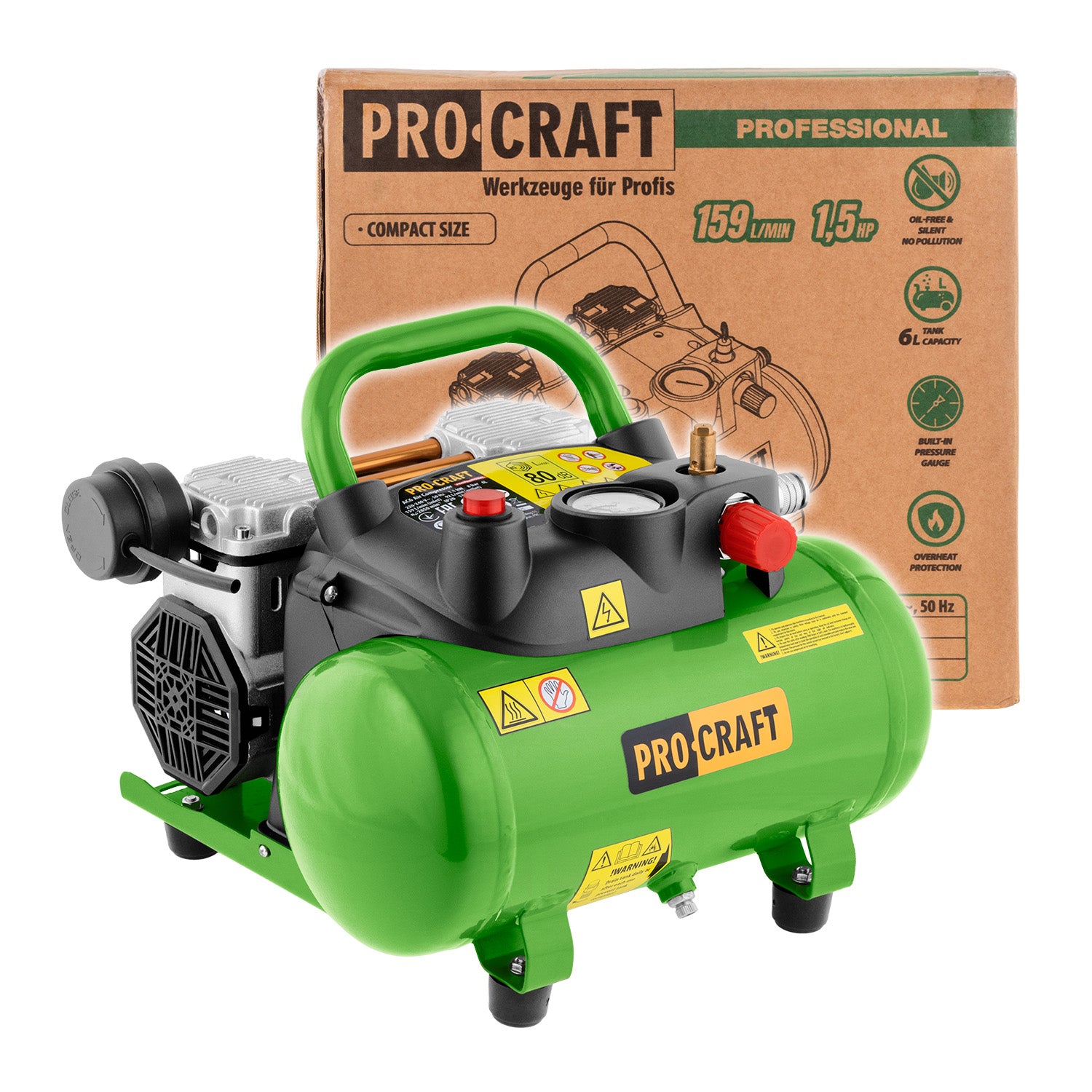 Procraft AC6 olajmentes, kétdugattyús kompresszor, 6 liter, 8 bar, 1100 W
