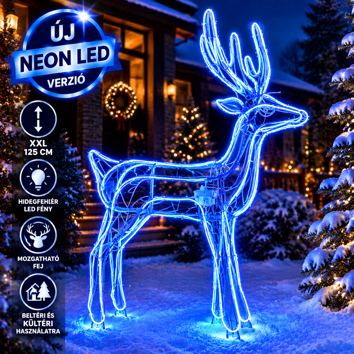 XXL 125 cm Neon LED Rénszarvas – Kék Fényű Karácsonyi Dekoráció - Mozgófejű