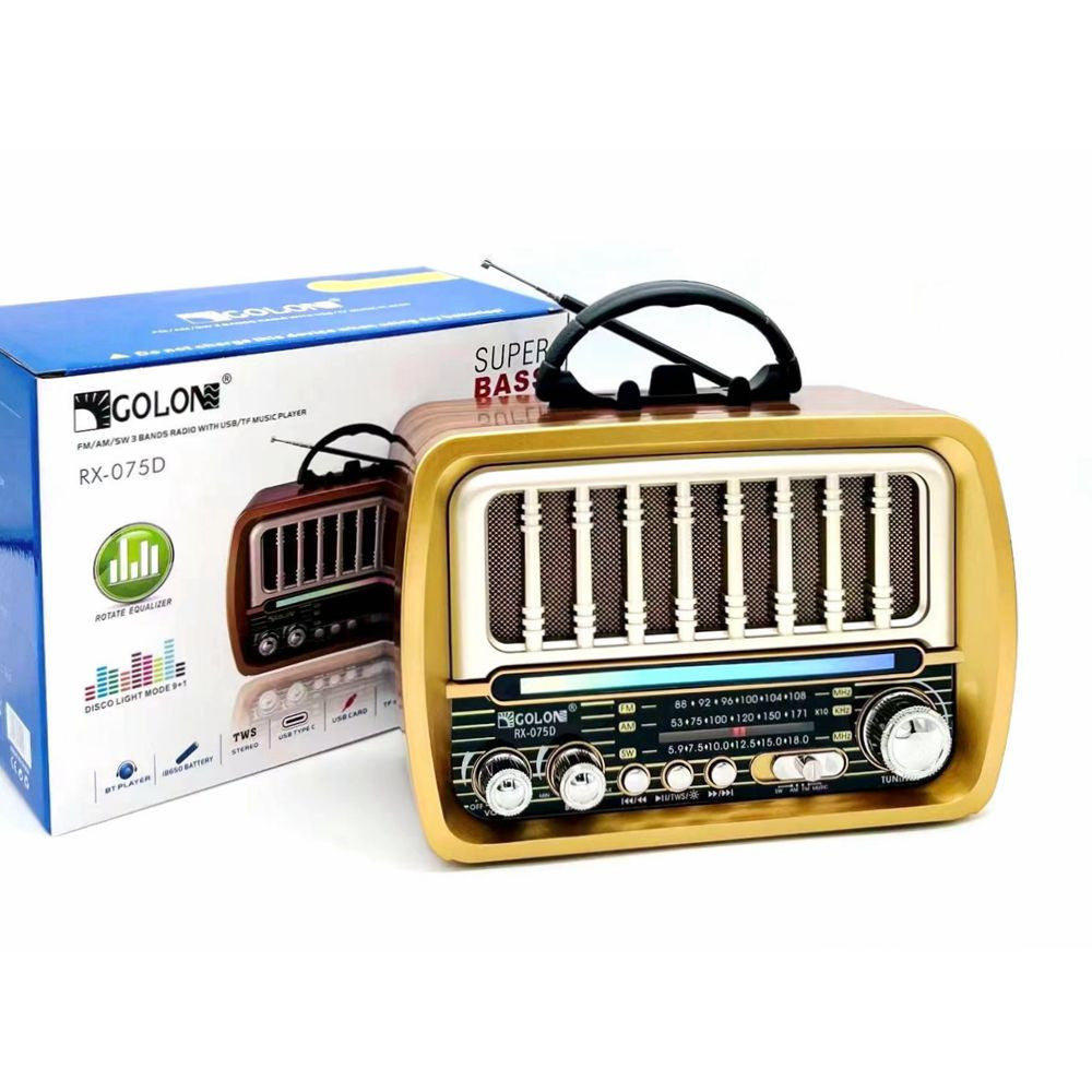 Golon RX-075D Retro USB rádió – napelemes újratölthető, fa hatású kivitelben