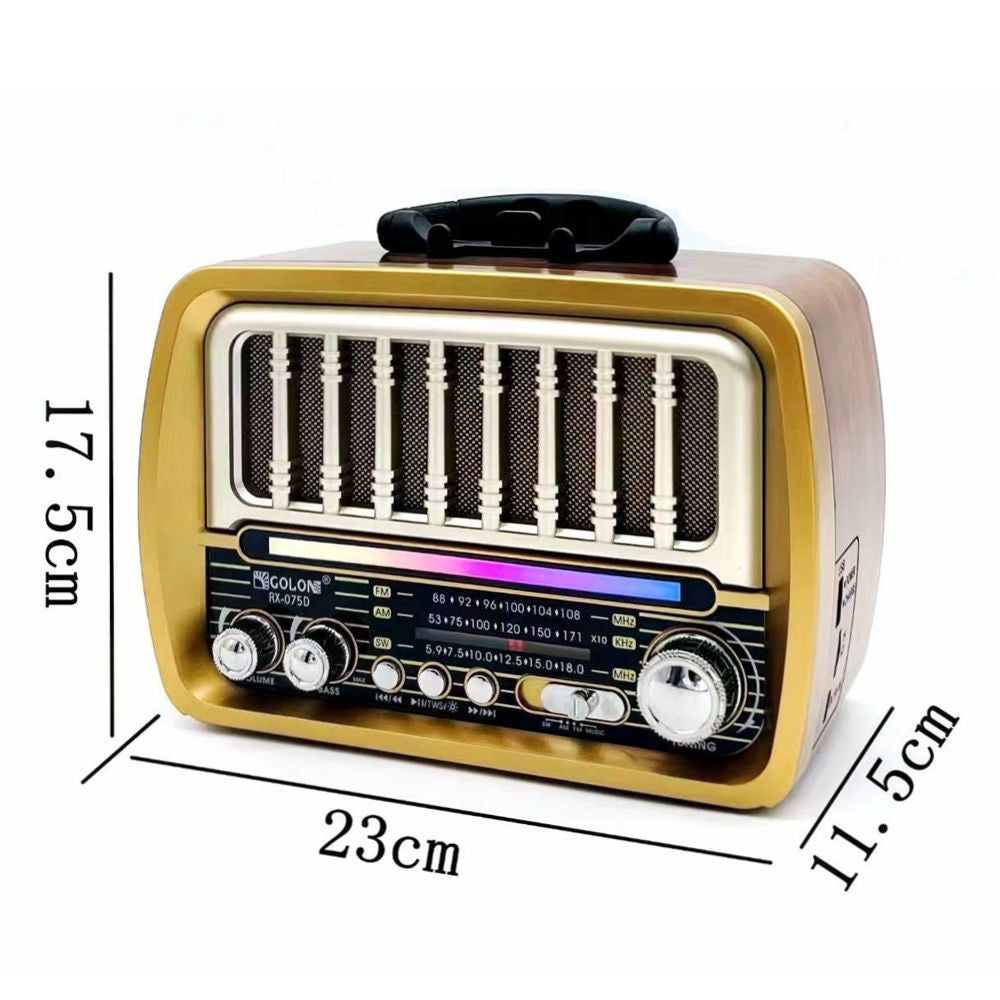 Golon RX-075D Retro USB rádió – napelemes újratölthető, fa hatású kivitelben