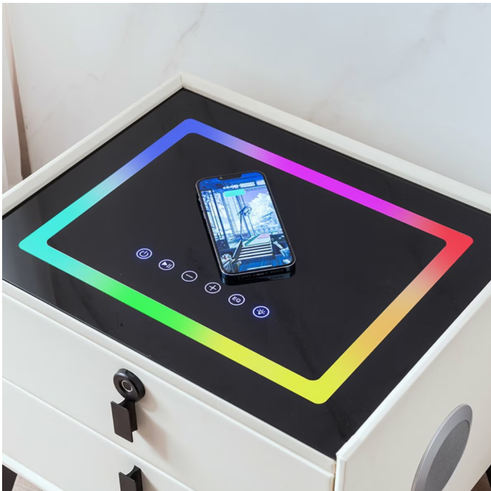 OKOP KP-588 Smart Éjjeli Szekrény Bluetooth Hangszóróval, RGB Világítással és 15W Vezeték Nélküli Töltéssel