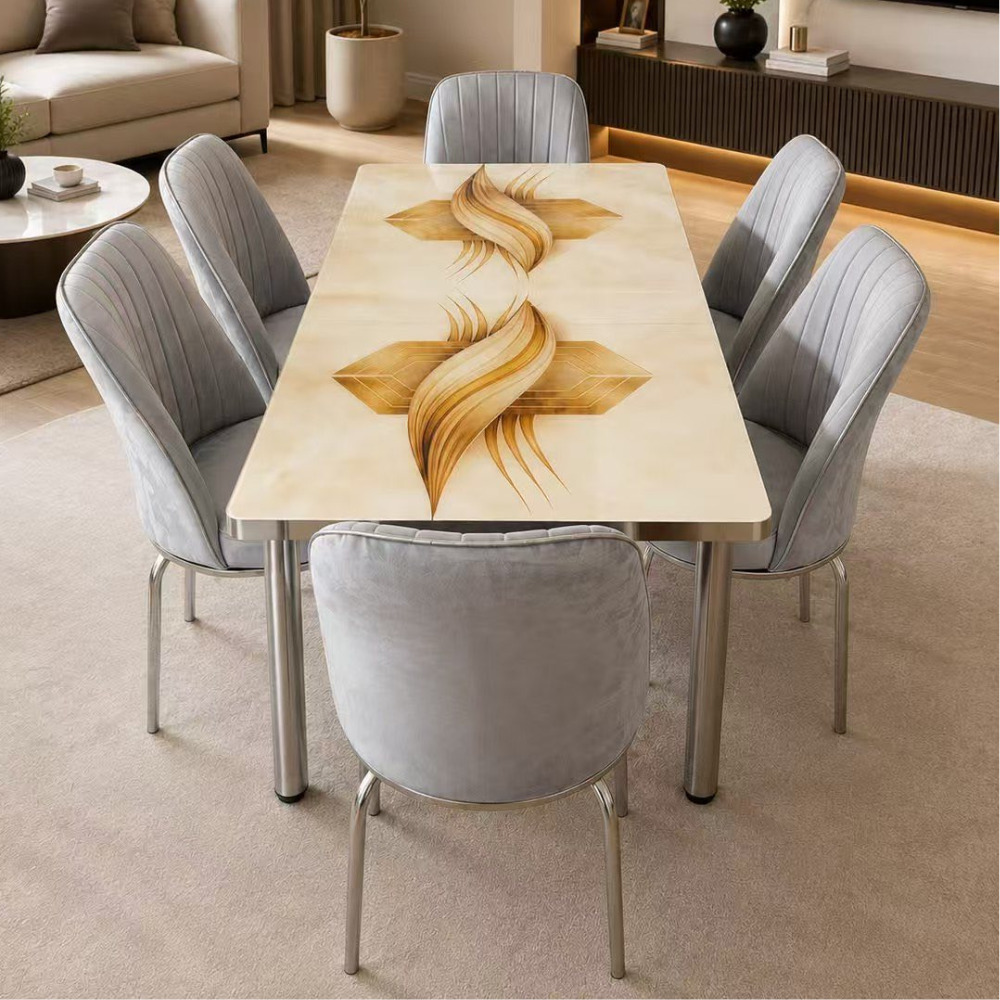 Luna Cristal Silver étkező szett edzett üveglapos nyitható asztallal és 6 szürke székkel 80x130–170 cm