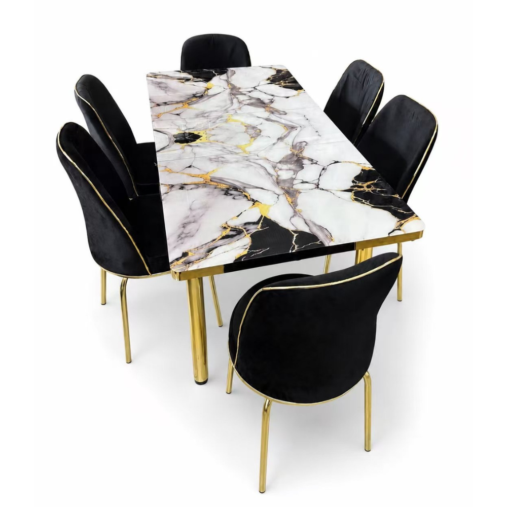 Aurelia Marble Lux étkező szett márvány asztallal, 6 fekete bársony székkel 80x130–170 cm