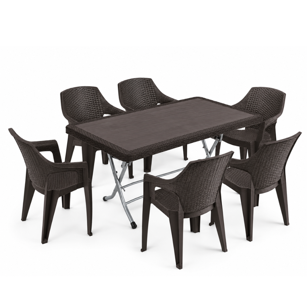 Lotus Royal Garden™ 7 Részes Rattan Kerti Étkezőszett – 6 Karfás Székkel - Barna