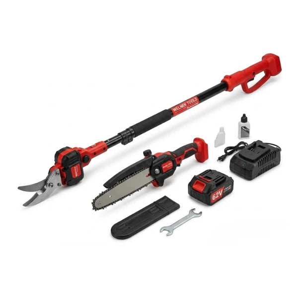 Welnek Tools VK-3090 2 az 1-ben akkumulátoros magassági ágvágó és metsző szett – 62 V, teleszkópos nyéllel